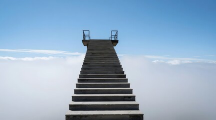 Stairway disappears into the clouds against a clear blue sky on a bright sunny day