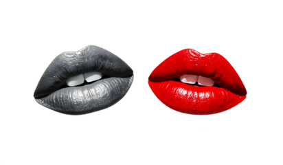 A striking contrast of glossy red and metallic gray lips on a deep black background isolated on transparent background