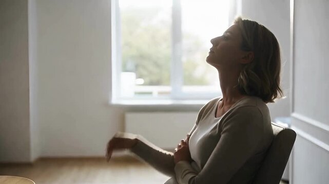 A woman deeply engrossed in her thoughts, sitting in a room near the window and lost in silent contemplation, her eyes closed, she seems relaxed and at peace.