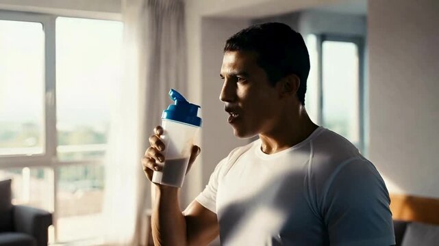 A determined individual replenishes energy, enjoying a revitalizing drink. Inside a modern living space, the athlete embodies the essence of a healthy lifestyle and the pursuit of wellness.