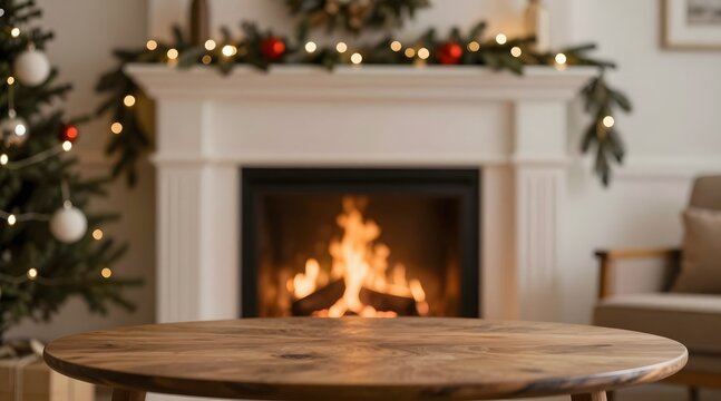 Wooden table foreground in a christmas decorated living room with fireplace and christmas tree