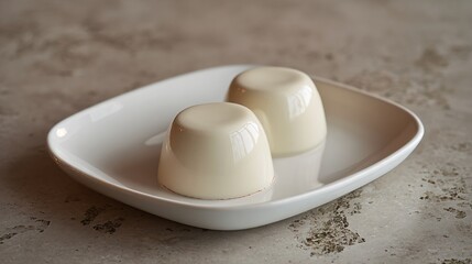 Naklejka premium White chocolate mousse with matte finish, clean plating, pale ceramic surface
