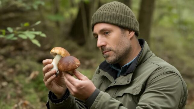 A man identifying edible mushrooms while foraging  
