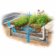 Urban bioswale cross section with curb cut inlet underdrain and overflow riser