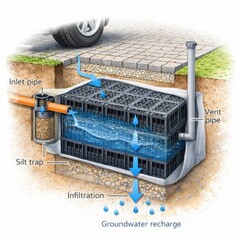 Underground modular rainwater attenuation tank under permeable parking cross section