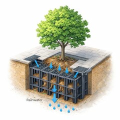 Urban tree trench system with structural soil cells under sidewalk isometric section