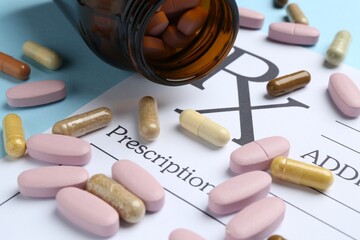 Medical prescription form with empty fields and pills on light blue background, closeup
