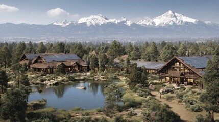 Fototapeta premium Large rustic retreat buildings feature solar panels nestled in a forested landscape with towering snow capped mountains in the background