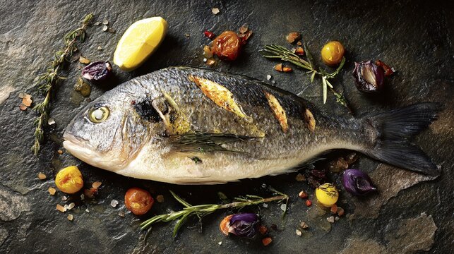 Baked seabream presented whole but minimal, warm stone surface, refined Mediterranean restraint