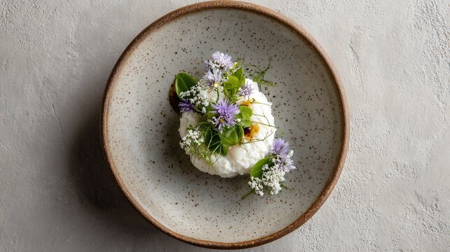 Cod brandade refined into minimalist plated portion, neutral clay surface
