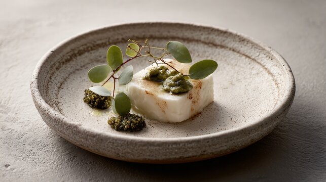 Cod brandade refined into minimalist plated portion, neutral clay surface