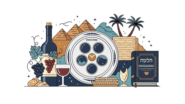 Passover Seder Plate with Wine and Matzah Illustration.