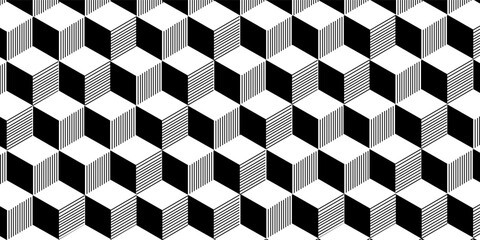 Abstract 3d isometric striped cubes geometric seamless pattern in black and white, vector