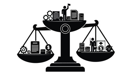 Business balance concept with scales weighing money and industry icons on white background