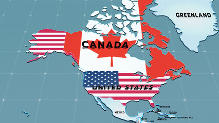  A stylized North America map showing Canada and the United States filled with their national flags, clearly labeled, with Greenland and nearby countries visible. © ran