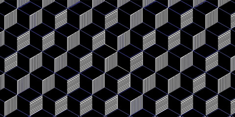 Abstract 3d isometric striped cubes geometric seamless pattern in black and white, vector