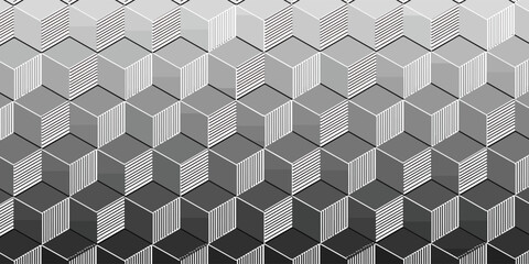 Abstract 3d isometric striped cubes geometric seamless pattern in black and white, vector