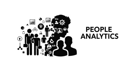 People analytics concept with silhouettes and icons on white background for business and technology themes