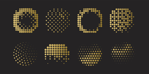 Eight decorative halftone circles and abstract shapes. Features various dot patterns with a luxury gold gradient effect. Vector elements for modern graphic design, tech branding, premium layouts