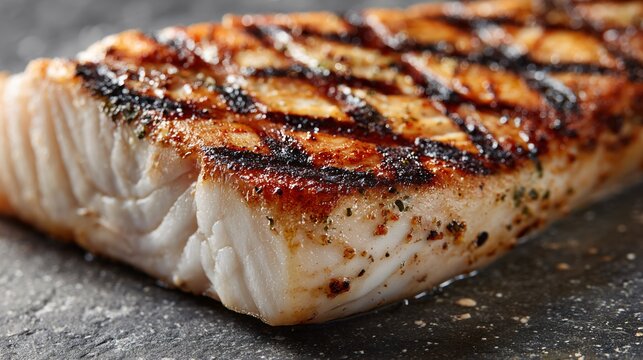 Grilled amberjack fillet with controlled char detail, pale stone surface