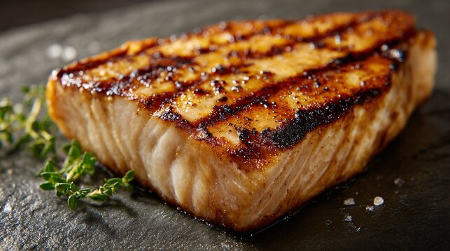 Grilled amberjack fillet with controlled char detail, pale stone surface