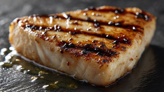 Grilled amberjack fillet with controlled char detail, pale stone surface