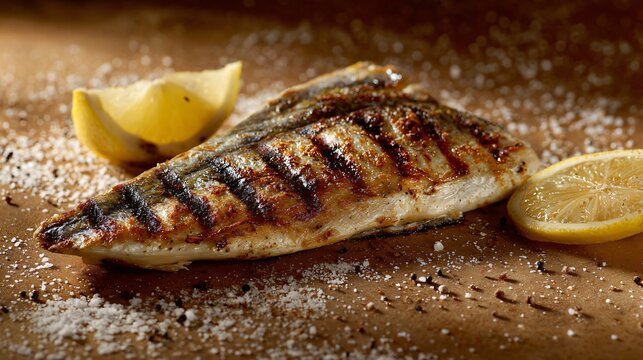 Grilled branzino fillet with restrained lemon essence, warm sand-toned background