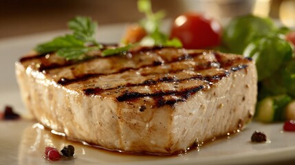 Grilled swordfish steak with subtle char marks, warm beige backdrop, modern plating