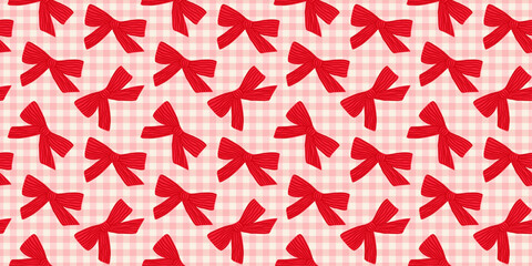 Coquette pink gingham seamless pattern with red hand drawn bows. Holiday festive print for wrapping paper, fabric and textile. Christmas and Valentines day repeat wallpaper. Vector illustration