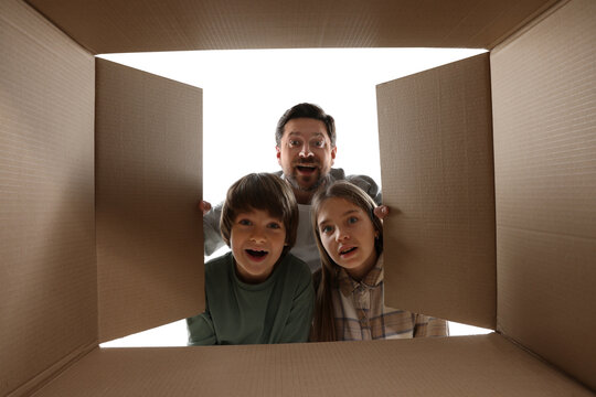 Excited family looking into cardboard box on white background, view from inside package