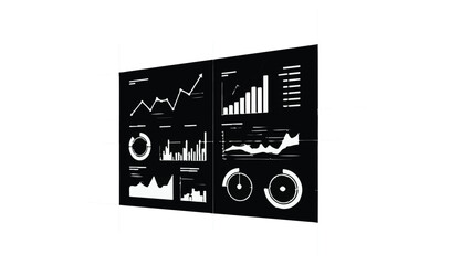Business data analysis infographic with graphs and charts on multiple screens,