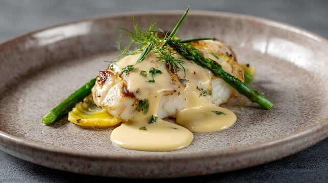 Monkfish medallion with light beurre blanc brushstroke, neutral clay background