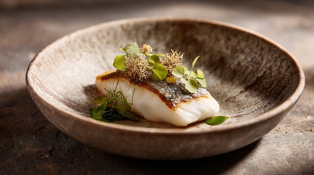 Pan-fried perch with crisp edges, minimalist clay plate, soft shadows