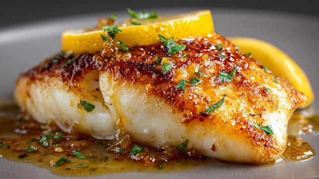 Pan-seared snapper with light citrus glaze, neutral gray background
