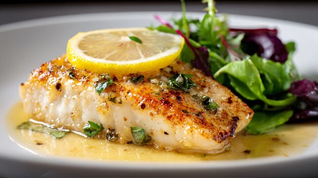 Pan-seared snapper with light citrus glaze, neutral gray background