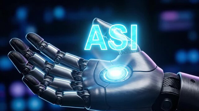 ASI text manifests above a futuristic metallic robotic hand, glowing blue artificial superintelligence technology concept, static shot