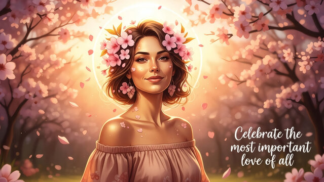 Beautiful Woman with Pink Flowers and Self-Love Inspirational Quote