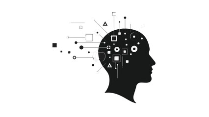 Black silhouette of human head with creative thinking brain symbols and geometric shapes floating out, representing innovation and problem solving