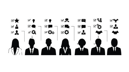 Business team organization chart with silhouettes of professionals and icons representing roles skills and tasks in a corporate setting