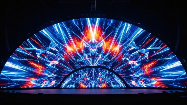 Energetic abstract light show with vibrant blue and orange patterns illuminating a stage.