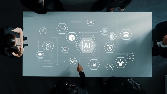Professional Team Collaborating on Artificial Intelligence Solutions at a Modern Conference Table with Digital Displays and Graphical Interfaces Gluon.