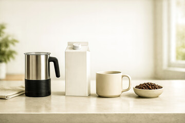 Coffee preparation set with milk frother, blank carton, mug and beans