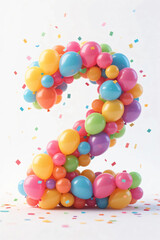 Number two made of colourful balloons and confeties, isolated on white background. realistic