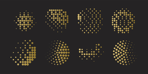 Eight decorative halftone circles and abstract shapes. Features various dot patterns with a luxury gold gradient effect. Vector elements for modern graphic design, tech branding, premium layouts