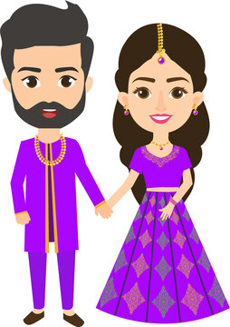  Indian wedding couple illustration in cartoon style for save the date, wedding invitation and e-invite cards	