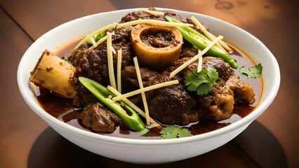 Traditional Pakistani nihari in a white porcelain bowl, thick glossy gravy, slow-cooked beef pieces, ginger julienne and green chili garnish
