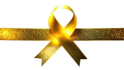 Golden ribbon tied in a loop, sitting on a strip. Black background