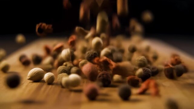 Dynamic falling spices on wooden surface, Variety of spices and herbs falling onto a wooden surface, including cinnamon sticks, peppercorns