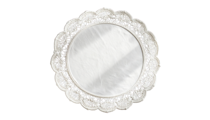 A white doily with intricate lace design surrounds a smooth, circular white fabric