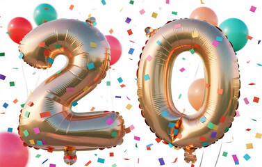 Number twenty made of pale color balloons and confeties, isolated on white background. realistic